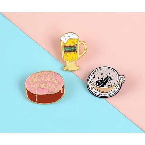 New birthday cake beer mug coffee cup metal enamel brooch cute red yellow pink creative cartoon pin children friend gift badge
