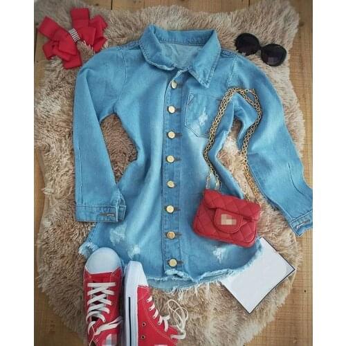 FOCUSNORM 1-6Y Fashion Toddler Girls Autumn Dress Outwear Blue Solid Color Long Sleeve Single Breasted Straight Dress