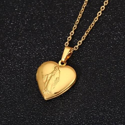 Gold Color Heart Shaped Photo Box Virgin Mary Pendant Necklace Fashion Classic Womens Necklaces Religious Jewelry