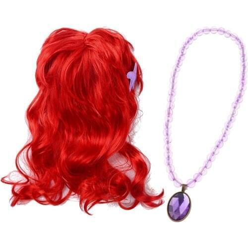 Princess Dress Up Mermaid Costume Accessories Gift Set Long Wavy Red Cosplay Hair Wig Crown Tiara Wand for Girls Halloween Party