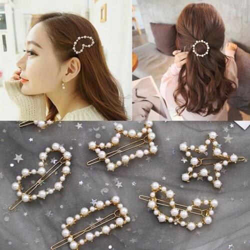 Popular Hairpins For Girls Fashion Imitiation Pearl Hair Clip Circle Heart Star Girl Hair Clamp Handmade Pearl Hair Accessories