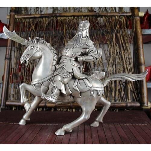 Rare large Tibet Silver Eagle sculpture horse Long Guan sculpture long 40cm boutique Guan Yu statue shipping free