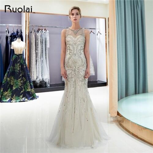 Luxury Champagne Evening Dresses 2019 Scoop Heavy Beaded Mermaid Evening Gown Prom Dress 2019 Robe de Soiree SQ7