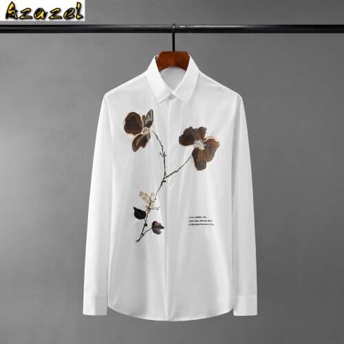 Azazel Cotton Mens Shirts Luxury Long Sleeve Butterfly Flower Embroidery Party Male Shirts Slim Fit Casual Mens Dress Shirts 3XL