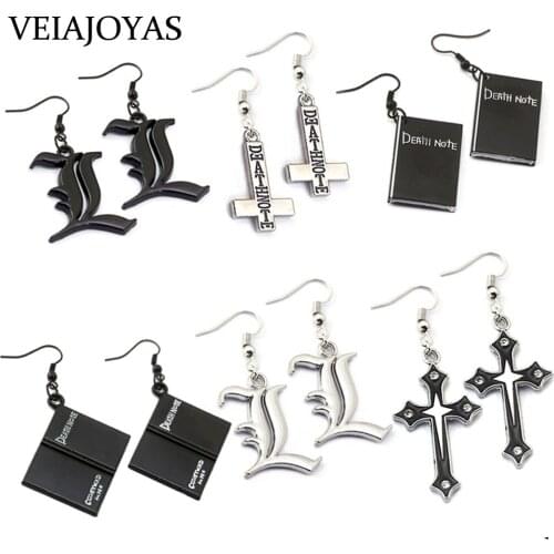 Anime Death Note Book Pendant Drop Earrings Stainless Steel Cross Black Death Note Double L Earring Cosplay Jewelry Birthday gif