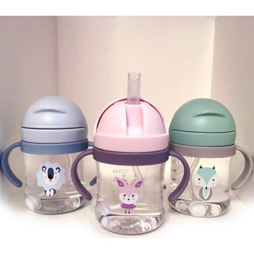 Baby Feeding Bottle Kids Cup Silicone Sippy Children Leakproof Drinking Cups Cartoon Infant Straw Handle Drinkware