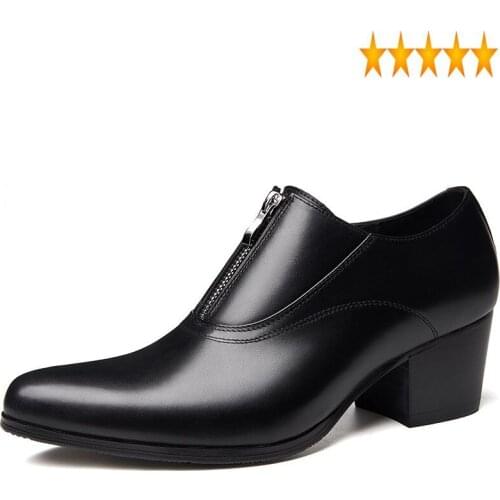 Pointed Toe Genuine Leather Men British Style High Heels Black Formal Male Business Casual Zipper Derby Oxford Shoes