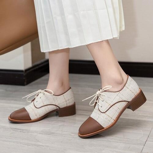 Plus Size 34-40 British Style Oxford Shoes Women Spring Soft Leather Low-heeled Casual Shoes Lace Up Womens Shoes Retro Brogues