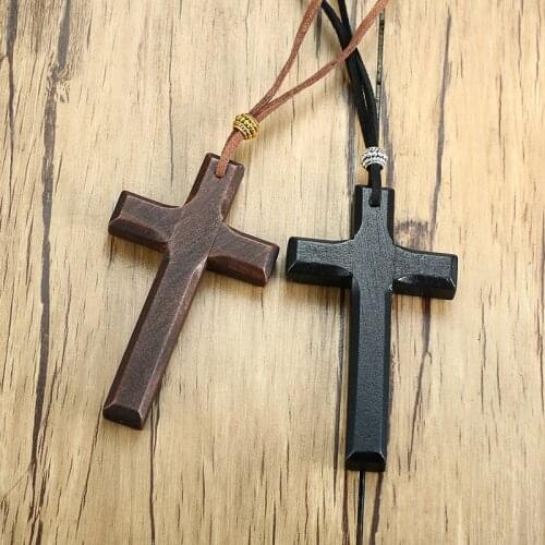 Vintage Wood Cross Crucifix Pendant Necklaces for Men Women Christian Gifts Jewelry with 90cm Rope Chain