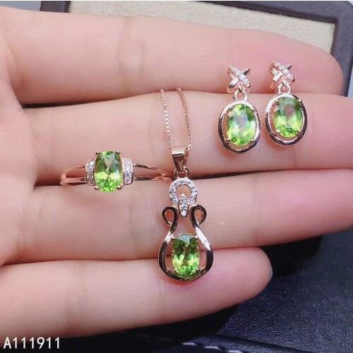 Fine Jewelry 925 Pure Silver Chinese Style Natural Peridot Womens Luxury Popular Oval Gem Pendant Ring Earring Set Support Dete