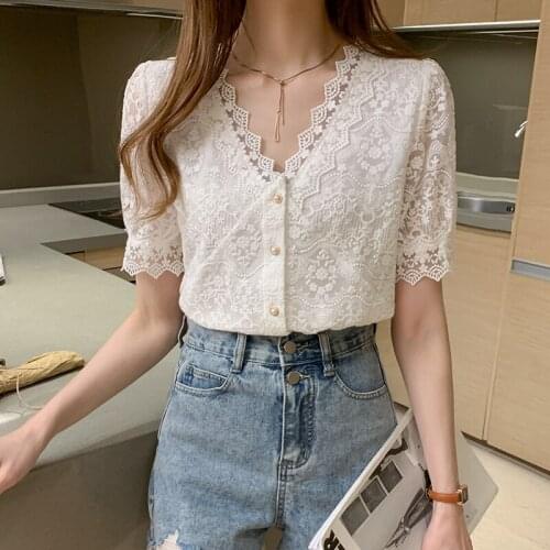 Womens Blouses and Shirts V-neck Lace Hollow Short Sleeve Shirt Top 2021 Summer Fashion