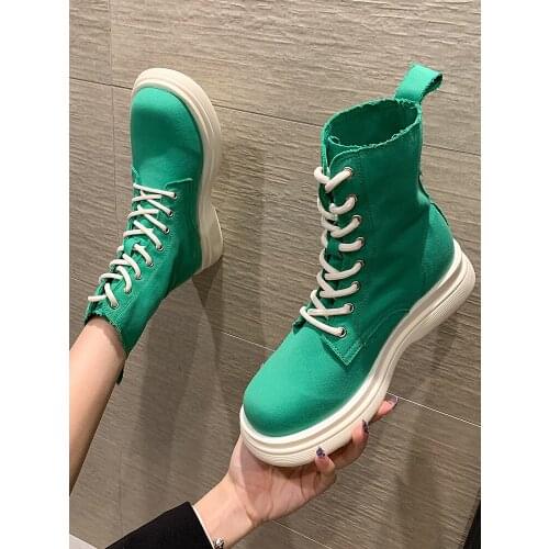 College Style Solid Color Cross Straps Flat Bottom Comfortable Ladies Martin Boots Spring And Autumn Fashion Large Size 35-40