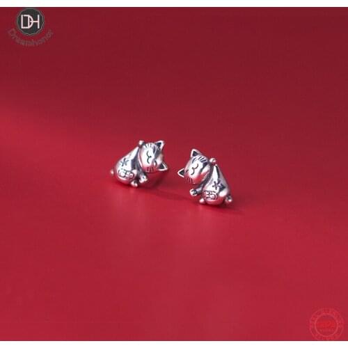 Dreamhonor Authentic 925 Sterling Silver Vintage Lucky Cat Stud Earrings for Women Thai Silver Women Girl Gifts Jewelry