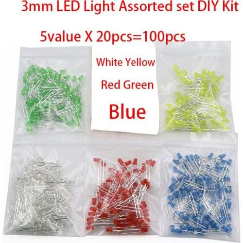 100pcs 3mm LED Light Assorted set DIY Kit White Yellow Red Green Blue 5value X 20pcs=100pcs Independent packing