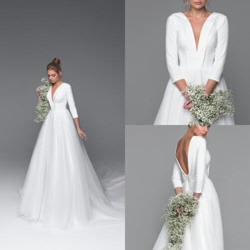 2020 Elegant Wedding Dresses Sexy V Neck Tulle Skirt Wedding Gowns Long Sleeve Plus Size Bridal Dress