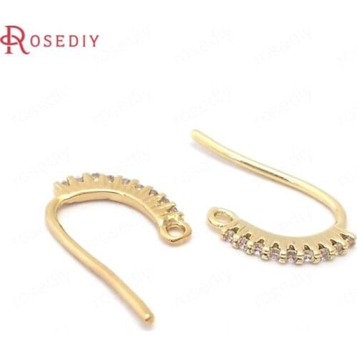 38814)4PCS Height 9MM 24K Gold Color Brass and Zircon Earrings Hooks High Quality Jewelry Making Supplies Diy Accessories