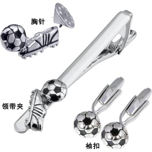 5Sets/lot 3D Football Cufflinks Tie Clip Brooch Sets Copper Enamel Soccer Brooches Cuff Button Tie Bar Set Wholesale