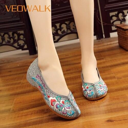 Vintage Floral Embroidered Women Casual Linen Ballet Flats Chinese Style Ladies Slip-on Comfort Shoes Zapatos Mujer Grey
