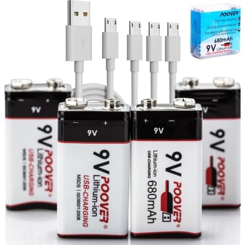 9V Battery USB Charging Lithium 680mAh 6F22 Li-ion Block Batteries + 4-1 Micro Cable for Microphone Toy Remote Control Guitar