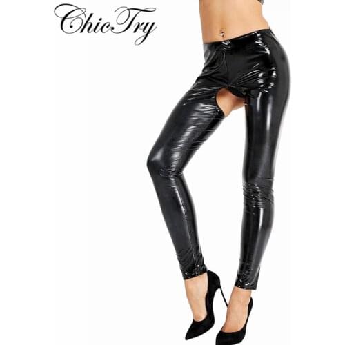 Sexy Fashion Women Pencil Pants Patent Leather Open Crotch and Open Butt Pants Skinny Stretchy Legging Trousers Exotic Pants