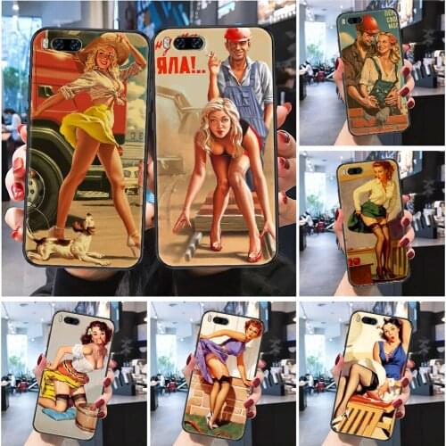 WW2 Sexy Retro Girl poster Illustration Phone case For Xiaomi Mi Max Note 3 A2 A3 8 9 9T 10 Lite Pro Ultra Frosted black trend