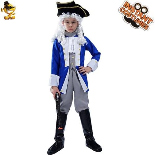 Children Colonial King Boys Aristocrat Revolutionary War Costumes with Blue Jacket Pants Hat Boot Cover Halloween Cosplay Outfit