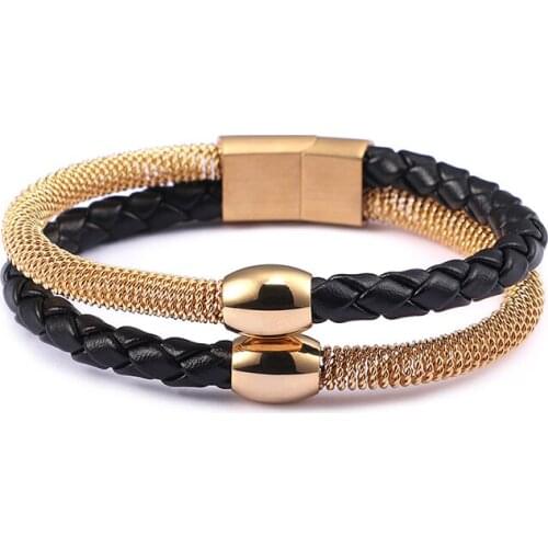 HAOLYNJOY Double Braided Chain Cowhide Leather Stainless Steel Combination Mens Bracelet Unique Wristband Jewelry