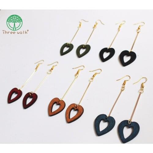 Long wood earrings Heart-shaped pendant Retro earrings girl ift accessories