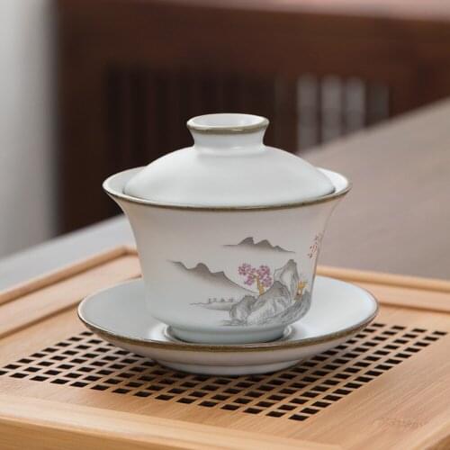 Chinese Style 130mL Ceramic Covered Bowl Hand Printed Landscape Painting Fruit Covered Teacup Home Office Hotel Kungfu Teacup