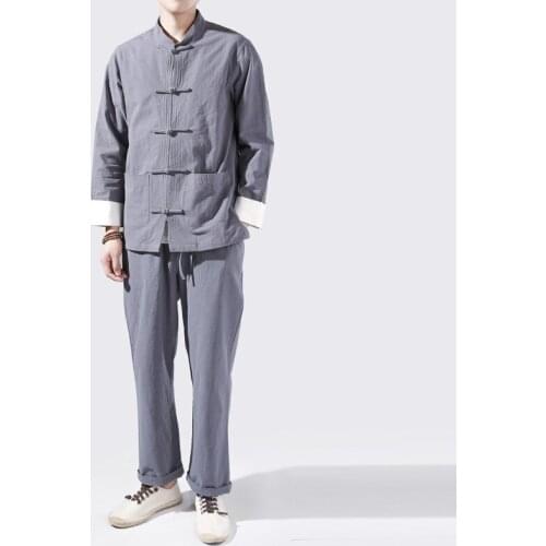 Traditional Chinese Tang Suit for Men Vintage Solid Color Tai Chi Uniform Cotton Linen Long Sleeve Jacket Trousers Kungfu Suits