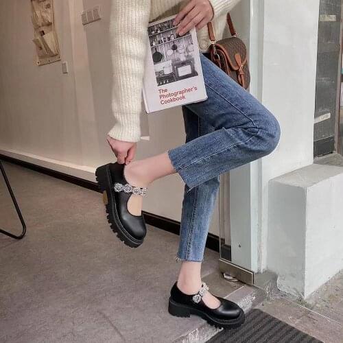 Small leather shoes female British style 2021 spring new Japanese black ice flower crystal platform Mary Jane shoes single shoes
