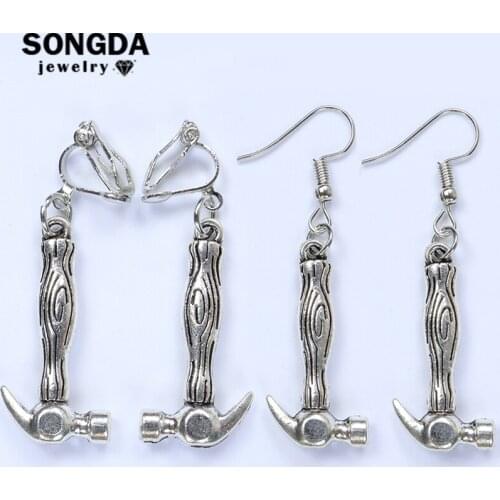 Fashion Retro Metal Tools Hammer Ear Clip Fish Hook Gold Silver Mini Pendant Drop Earring Personality Jewelry for Women Men Gift