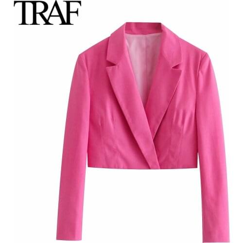 Traf Za Women Clothing Spring Autumn Office Lady Chic Casual Short Suit Coat French Fashion Long Sleeve Pink Blazers