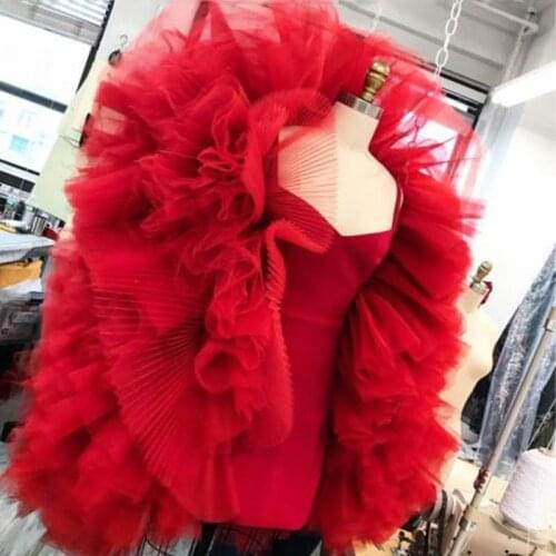 Custom Made Puffy Red Tulle Women Tops Chic Lush Long Sleeves Ladies Blouses Shirt for Party Wear Special Occasion Gown