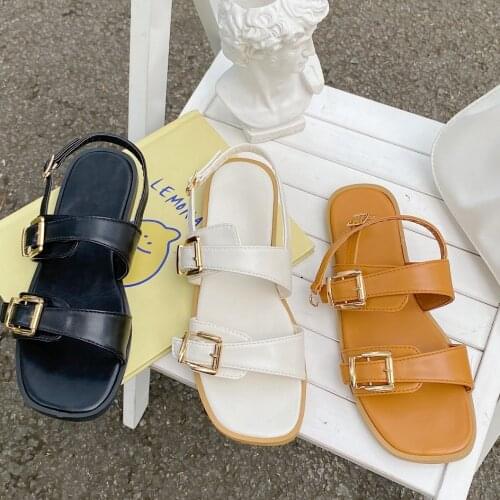 Women Metal Buckle Sandals 2021 Summer Female Fashion Flat Sandal Casual White Black Leather Shoes Ankle Strap Women Shoe