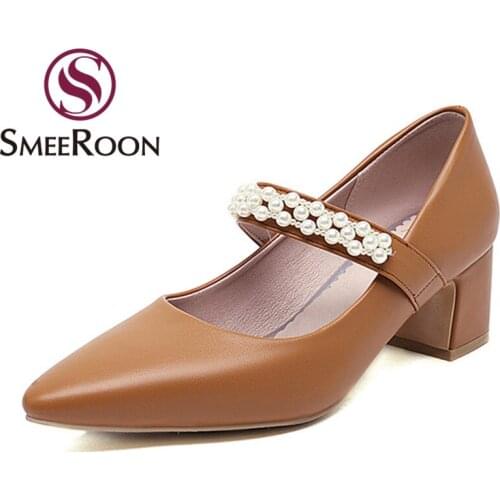 Smeeroon 2021 Big Size 33-48 Women Pumps Square Heels Pointed Toe Party Shoes Summer Shallow Simple High Heels Shoes