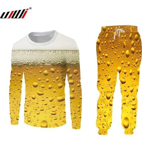 UJWI Women/men Yellow Jogger Pants Sweatshirt Bar Beer Foam Tracksuit Sweatpants Hoody Creative Streewear Two Piece Set