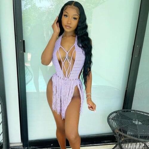 Solid Color Crochet Tassel Sexy 2 Piece Set Body Top And Skirt Beach Party Club Summer Outfits For Women Knitted Set