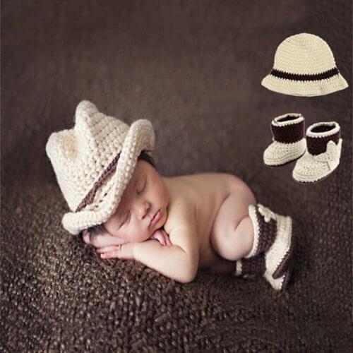 Crochet Beige Color Baby Boy Cowboy Hat&Botties Set Newborn Cowboy Design Photography Props Knitted Baby Hat Shoes Set