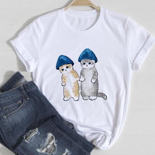 Women 2021 Summer Short Sleeve Fashion Cute Cat Print Lady T-shirts Tops T Shirt Ladies Womens Kawaii Graphic Female Tee T-Shirt