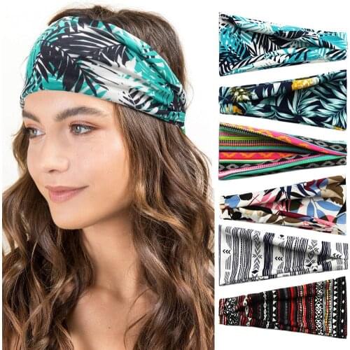Women Headband Pattern Print Wide Turban Knitted Cotton Hairband Hair Accessories Twisted Knotted Headwrap Bandanas Girls Bands