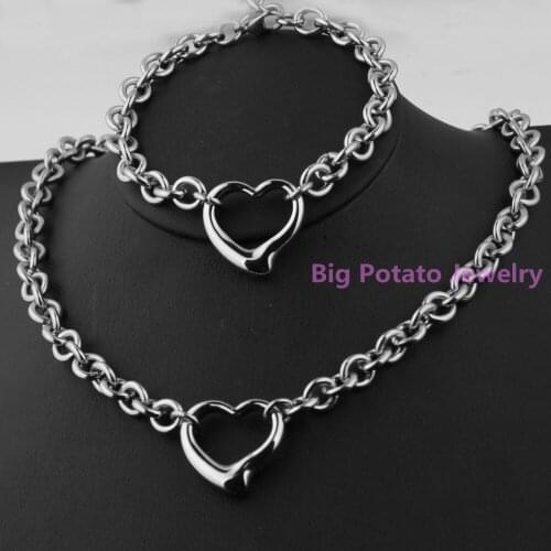 New Fashion 316L Stainless Steel Silver Color Chain Heart Bracelet&Necklace Jewelry Sets Charming Womens Gift 5mm*45cm/20.5cm