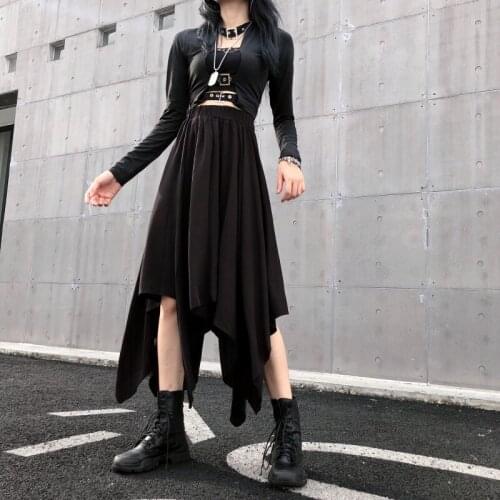 Summer Dark Goth Women Elastic Waist Pleated Long Skirts Black Gothic Lady Street Harajuku Irregular Skirt Korean Fashion Cloth