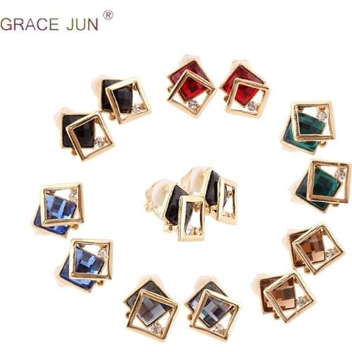 GRACE JUN Rhinestone Crystal Clip on Earrings No Pierced for Women Bridal Wedding Elegant Suqare Shape Clip Earrings No Allergy