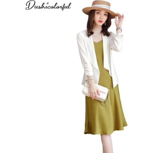 2021 Summer Fashion Suits for Women White Chiffon Sunscreen Jacket+ Spaghetti strap Dress Western Style 2 pieces of Dress Suit