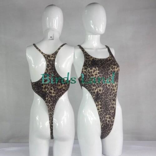 Womens Thong Bodysuit Stretchy High Cut Racer Back Leopard print velvet W428CD