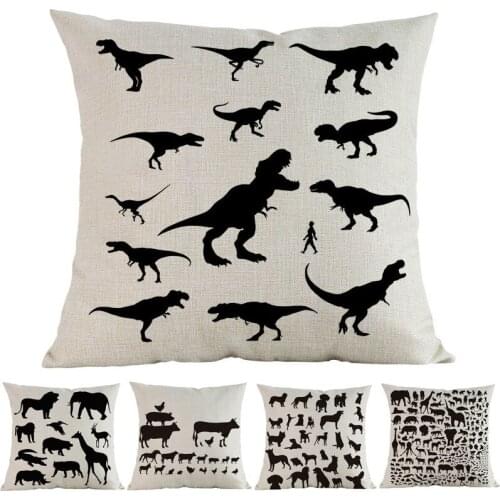 Black Animals Silhouette Pattern Multiple Farm Wildlife Dinosaur Linen Throw Pillow Case Home Sofa Decorative Cushion Cover