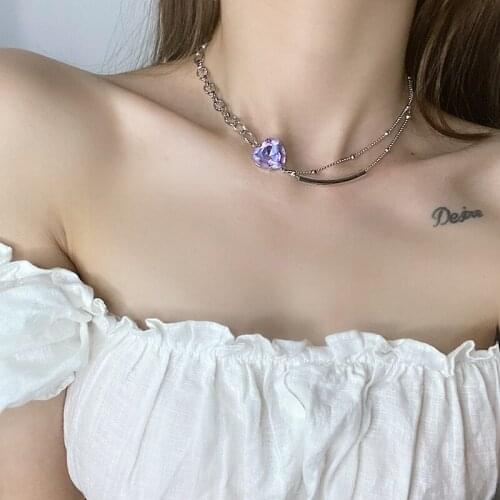 GorGor Necklace Women Alloy Pattern Heart Purple Rhinestones Pendant Creative Minimalist Exquisite Engagement Jewelry XL-086