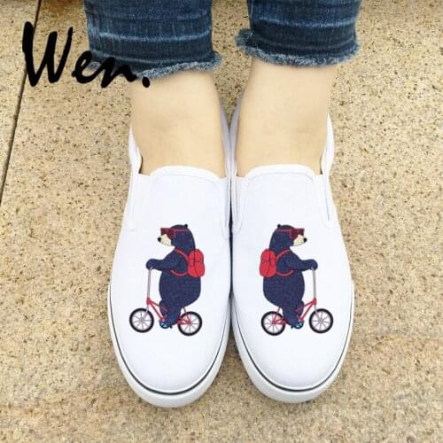Wen Flats Original Design Funny Cartoon Bear Schoolbag Riding Bicycle Slip On Woman Mans Canvas Sneakers White Colors