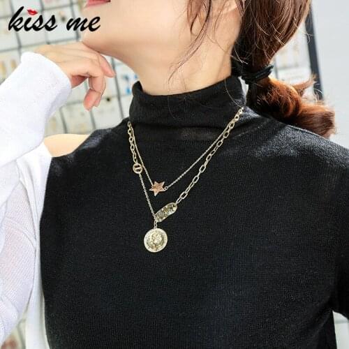 Kissme Unique Round Queen Portrait Nameplate Hope Star Pendant Necklaces For Women Splicing Layered Alloy Chains Fashion Jewelry